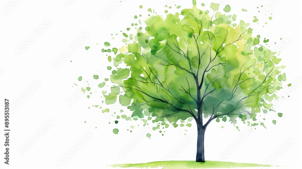 Vibrant green tree stands tall against a crisp white backdrop, captured in delicate watercolor strokes, symbolizing natures peace. Vibrant green tree stands tall against a crisp white backdrop, captured in delicate watercolor strokes, symbolizing natures peace.