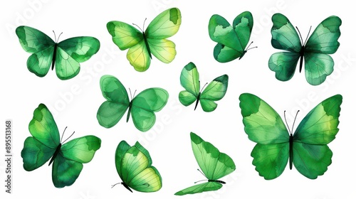 Delicate green watercolor butterflies gracefully adorn a clean background, perfect for vibrant, artistic designs.