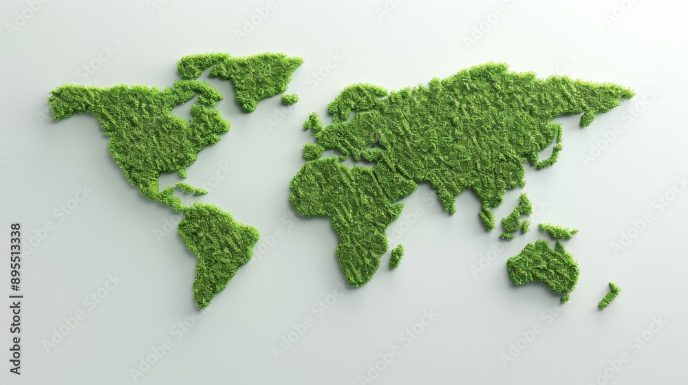 A stunning 3D green world map, shaped like a forest, showcasing Earth Day and ecofriendly themes on a clean white backdrop. A stunning 3D green world map, shaped like a forest, showcasing Earth Day and ecofriendly themes on a clean white backdrop.
