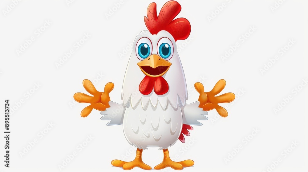 A cheerful cartoon chicken poses playfully with its arms wide open against a clean white backdrop, inviting smiles. A cheerful cartoon chicken poses playfully with its arms wide open against a clean white backdrop, inviting smiles.