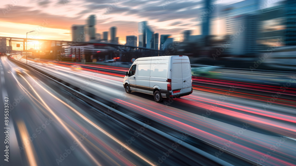 Delivery van speeding down the highway, delivering goods to businesses in the city suburbs. This express service ensures fast distribution and logistics solutions. Delivery van speeding down the highway, delivering goods to businesses in the city suburbs. This express service ensures fast distribution and logistics solutions.