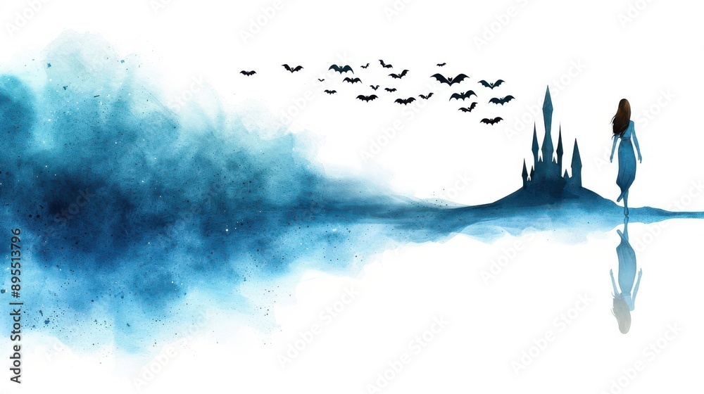Fototapeta premium Two ghoulish friends rise from a haunted castle, framed by bats and cobwebs, all in a vibrant watercolor style.