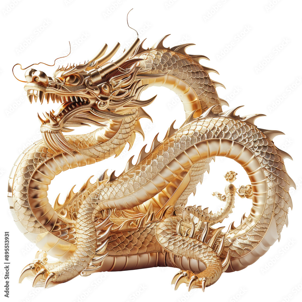 Fototapeta premium Luxurious Golden Dragon Sculpture Intricate Design PNG Transparency