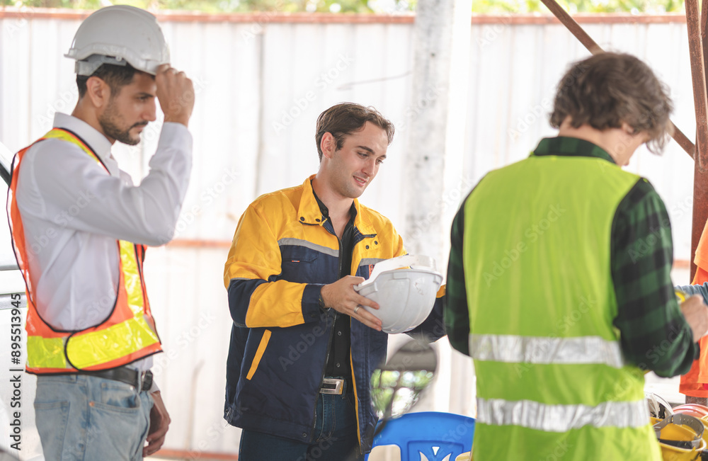 Group of Engineer and foreman worker team inspect the construction site, Site manager worker and builder on construction site Group of Engineer and foreman worker team inspect the construction site, Site manager worker and builder on construction site