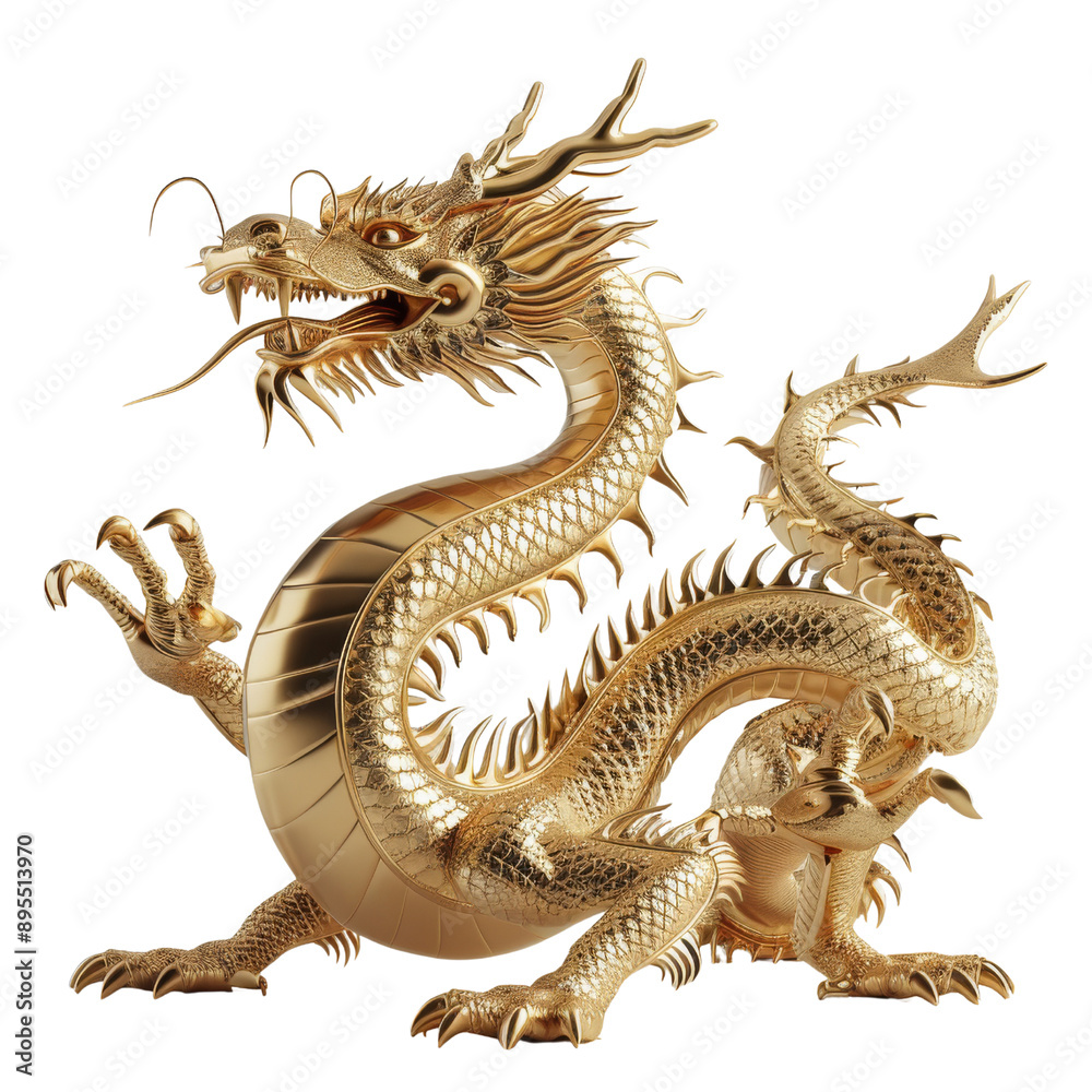 Fototapeta premium Luxurious Golden Dragon Sculpture Intricate Design PNG Transparency