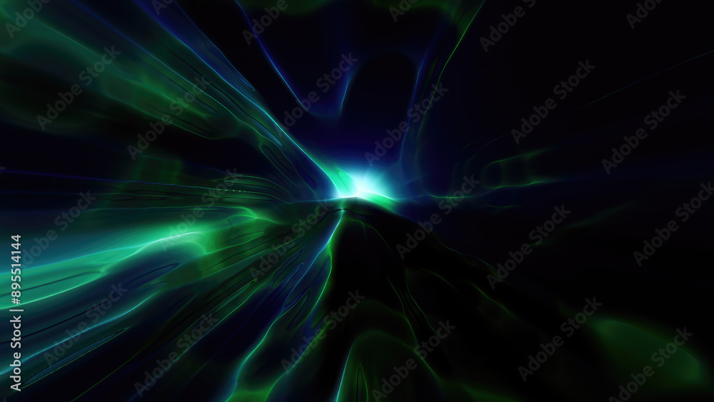 Fototapeta premium Abstract green bright glowing background with iridescent waves of energy and plasma rays with light