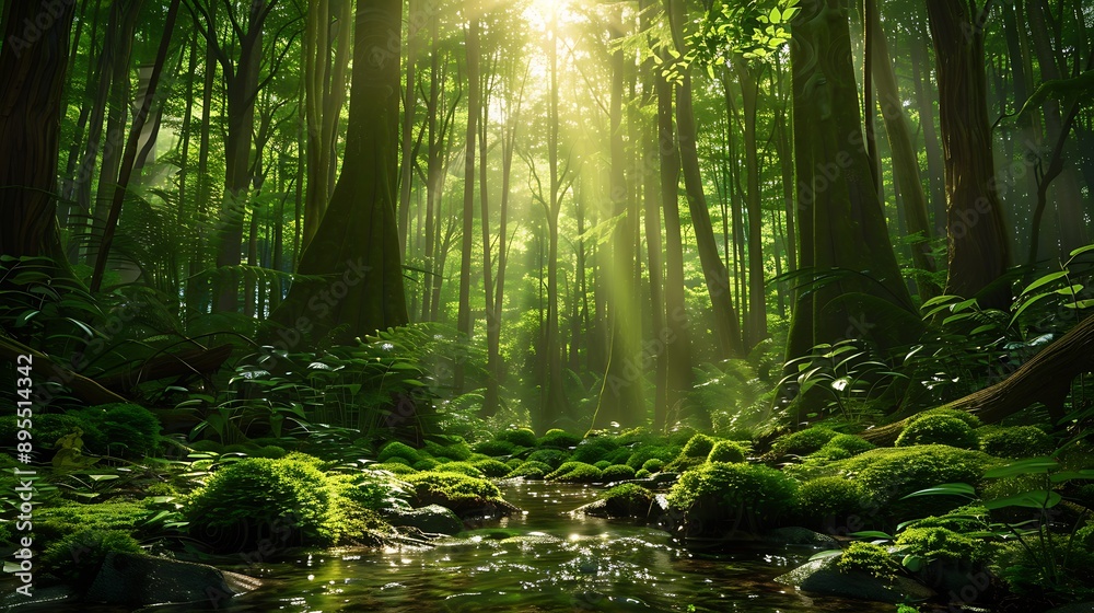 Fototapeta premium A serene forest with tall ancient trees covered in moss and sunlight filtering through the dense canopy over a clear stream running through the forest floor reflecting natural beauty