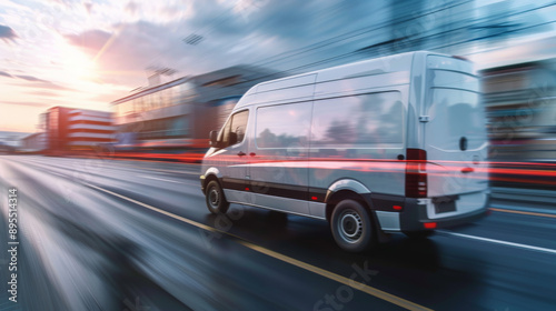 Delivery van speeding down the highway, delivering goods to businesses in the city suburbs. This express service ensures fast distribution and logistics solutions.