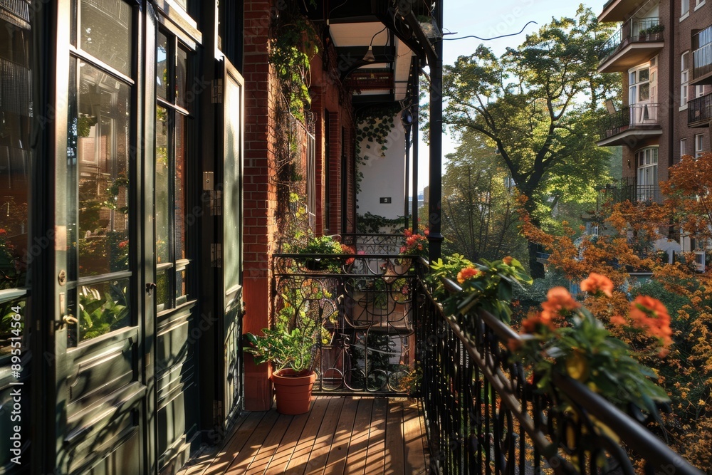 Beautiful terrace of a house with flowers and plants in the garden Beautiful terrace of a house with flowers and plants in the garden