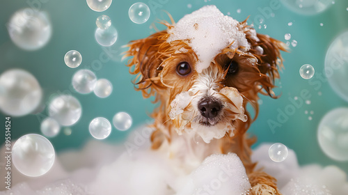 Dog grooming dog bath Covered in Bubbles During Bath with Teal Background