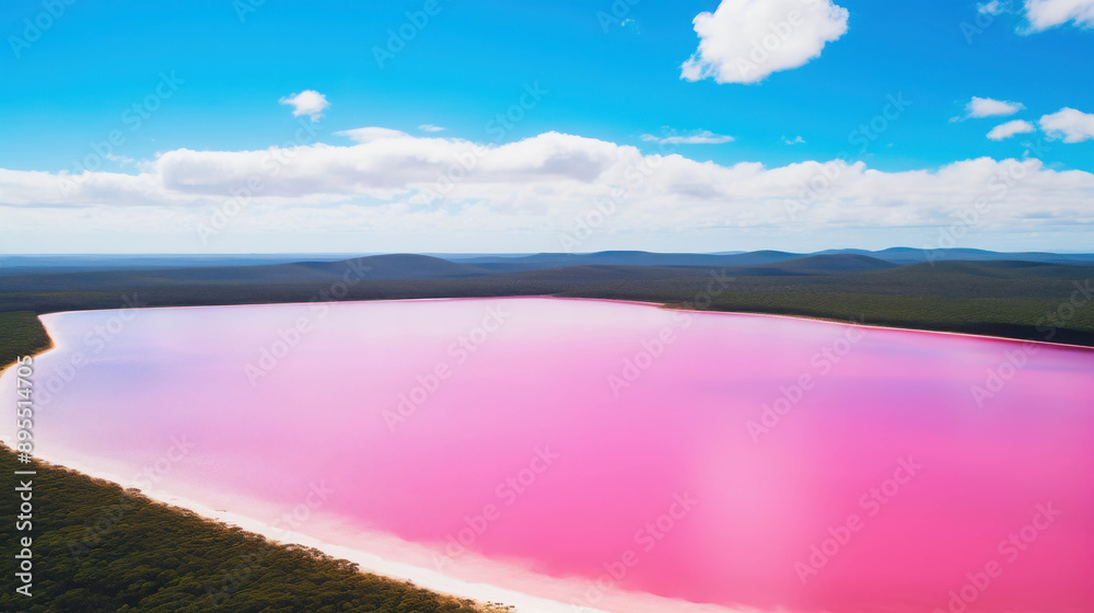 Obraz premium Vivid Pink Lake Contrasting with Lush Green Forest and Azure Blue Waters Under a Clear Sky