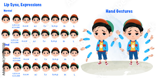Boy cartoon character with tired face expression and lip sync . Set of boy with various hand gesture and front and 1/3 standing pose.