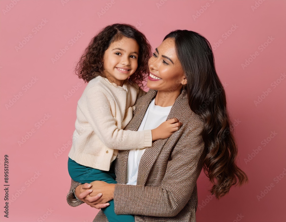Fashion smiling mother holding her kid on solid color background, love concept Fashion smiling mother holding her kid on solid color background, love concept