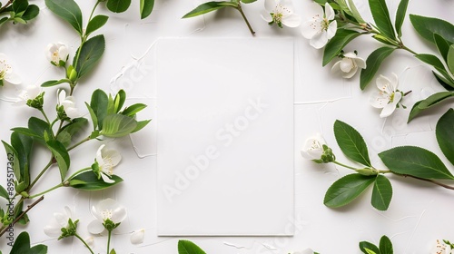 White Flowers and Green Leaves Surrounding a Blank Card