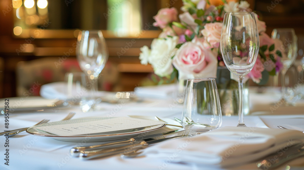 Tastefully set table with an empty menu card or booking card for wedding invitations and special occasions. Tastefully set table with an empty menu card or booking card for wedding invitations and special occasions.