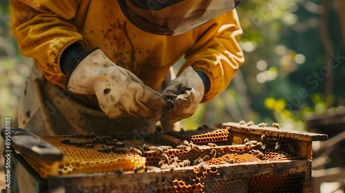 A beekeper in safety suit cleaning a beehive and taking an organic honey from a wooden frame. Apiculture, agriculture. Hobby apiary outdoor on a farm in nature, natural healthy sweet food, beeswax photo