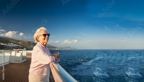 A joyful senior woman enjoying a serene cruise, gazing at the ocean under a beautiful blue sky.