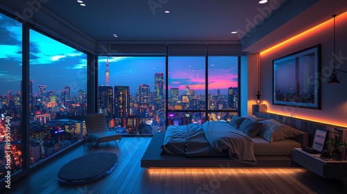 Modern bedroom with city view at night - generative ai photo