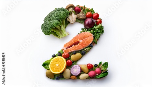 Numerical art created with fresh vegetables and fish representing the number two, showcasing healthy eating concepts.