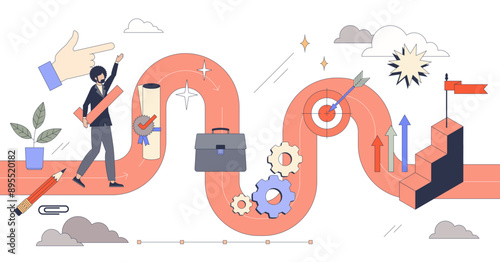 Employment goals and career success path tiny person neubrutalism concept, transparent background. Goals, targets, challenges and productive work as effective strategy.