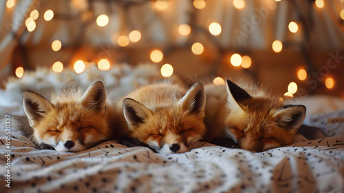 Three baby foxes sleep soundly in a warm bed. In the background, glowing light bulbs hang from the ceiling.
