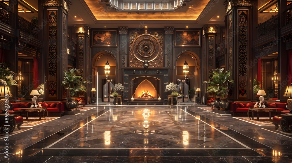 Obraz premium Luxurious hotel lobby featuring ornate decor, elegant seating, and a warm fireplace ambiance 