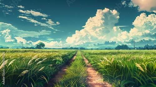 a lofi inspired long path next to a grass field, anime artwork photo