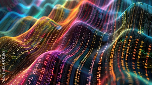 conceptual piece depicting budget management as a series of digital threads, each thread colored differently based on its financial significance and woven into a larger fiscal tapestry