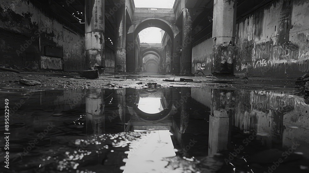 Fototapeta premium Black and white pictures under the bridge reflect 
