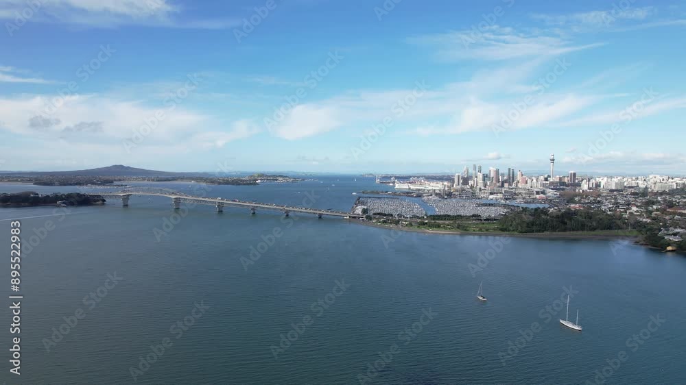 Auckland Harbour Bridge And City Skyline On Waitemata Harbour, North Island, New Zealand. wide aerial shot Auckland Harbour Bridge And City Skyline On Waitemata Harbour, North Island, New Zealand. wide aerial shot