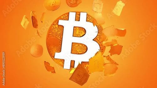 HD orange abstract animation of the Bitcoin cryptocurrency symbol exploding out from the center photo