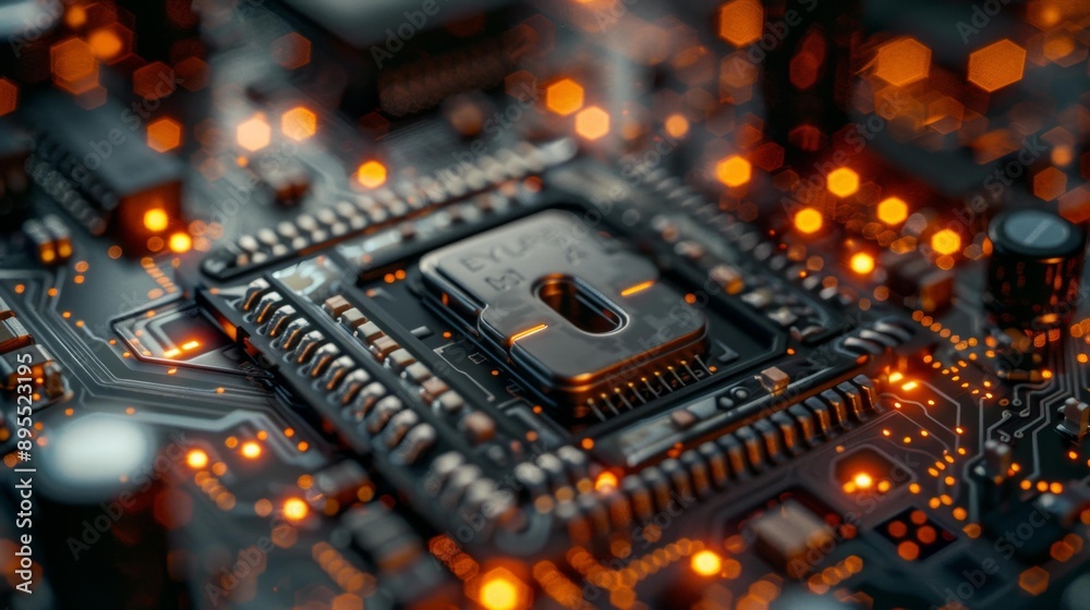 Close-up of a microchip with glowing lights - generative ai Close-up of a microchip with glowing lights - generative ai