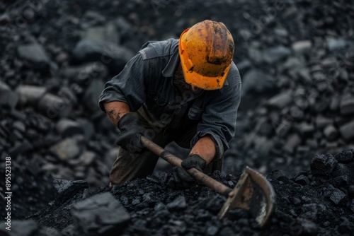Shoveling coal seams amidst slate layers involves meticulous work to carefully navigate and extract coal from complex geological formations. © wpw