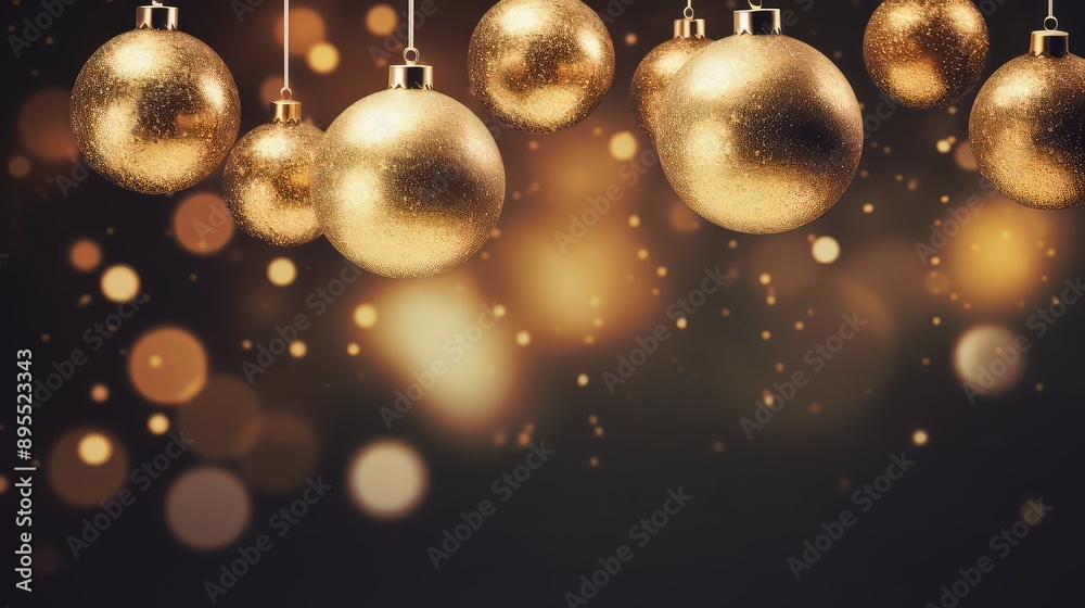 Group of hanging golden Christmas balls Christmas baubles, in the dark night with bokeh lights Group of hanging golden Christmas balls Christmas baubles, in the dark night with bokeh lights
