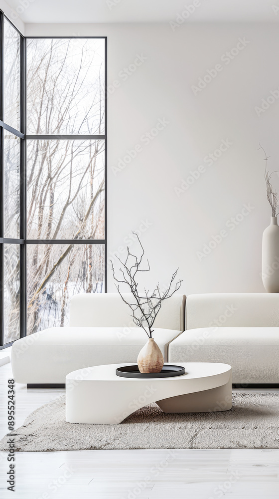 Bright living room interiors composition with a table and a couch next to a large window. Minimalist staging, neutral colors and copy space.