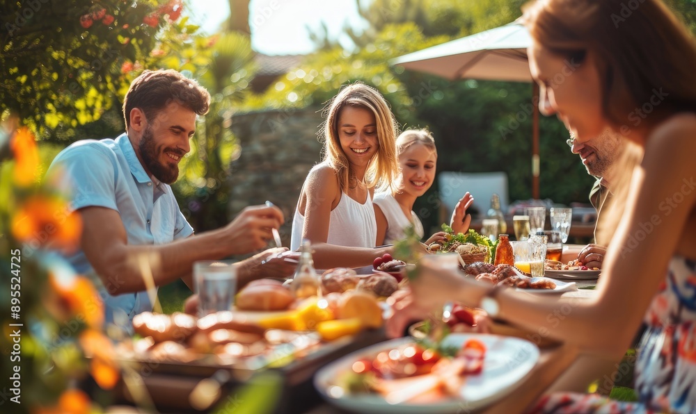 Outdoor barbeque party with family and family, grilled meats and an assortment of food Outdoor barbeque party with family and family, grilled meats and an assortment of food