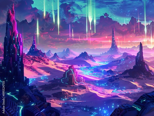 A cyberpunk landscape with vast neon deserts, towering metal dunes, and glowing oases under a sky lit by pulsating digital stars and electric auroras.