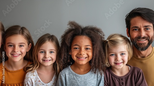 Diverse group of smiling children and adult man