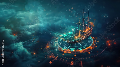 conceptual piece showing a budget as a digital compass, with the needle pointing towards fiscal responsibility, guiding a ship through a sea of economic challenges