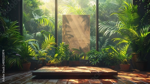 Sunlit tropical indoor garden with mirror - generative ai photo