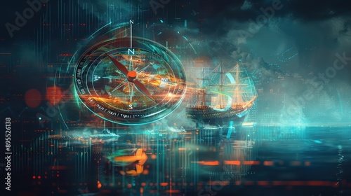 conceptual piece showing a budget as a digital compass, with the needle pointing towards fiscal responsibility, guiding a ship through a sea of economic challenges