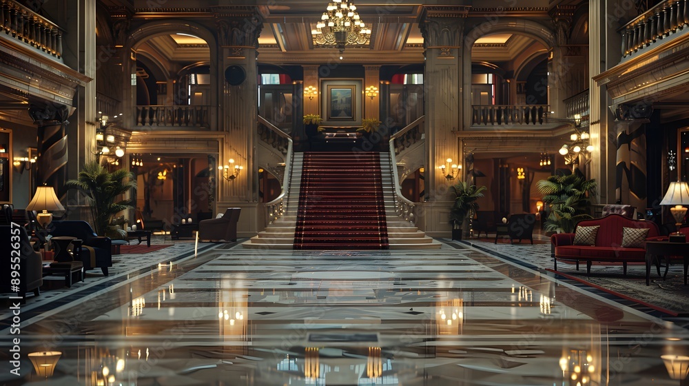A luxurious hotel lobby featuring elegant furnishings, grand staircases, and ornate decorations, creating an opulent and inviting atmosphere. A luxurious hotel lobby featuring elegant furnishings, grand staircases, and ornate decorations, creating an opulent and inviting atmosphere.