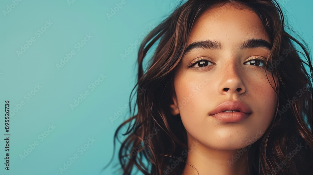 Latin girl blushes peach against a pastel blue background. Latin girl blushes peach against a pastel blue background.
