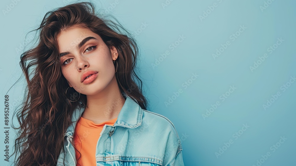 Latin girl blushes peach against a pastel blue background Latin girl blushes peach against a pastel blue background