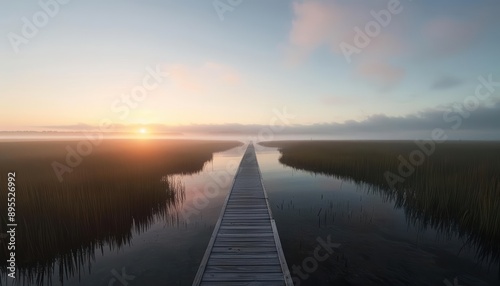 Sunrise over a wooden boardwalk in a misty marsh. photo