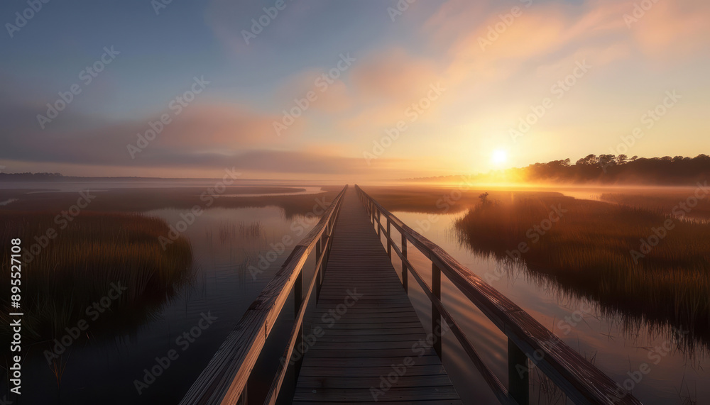 Naklejka premium Wooden walkway leading to a sunrise over a misty marsh.