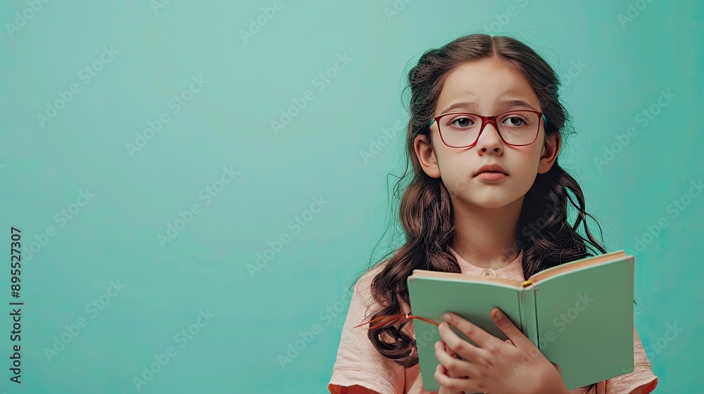 Latin girl wearing glasses holds a book, nerd style, against a pastel green background Latin girl wearing glasses holds a book, nerd style, against a pastel green background