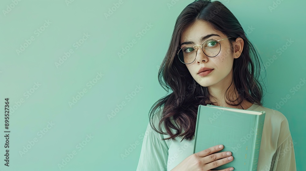 Latin girl wearing glasses holds a book, nerd style, against a pastel green background Latin girl wearing glasses holds a book, nerd style, against a pastel green background