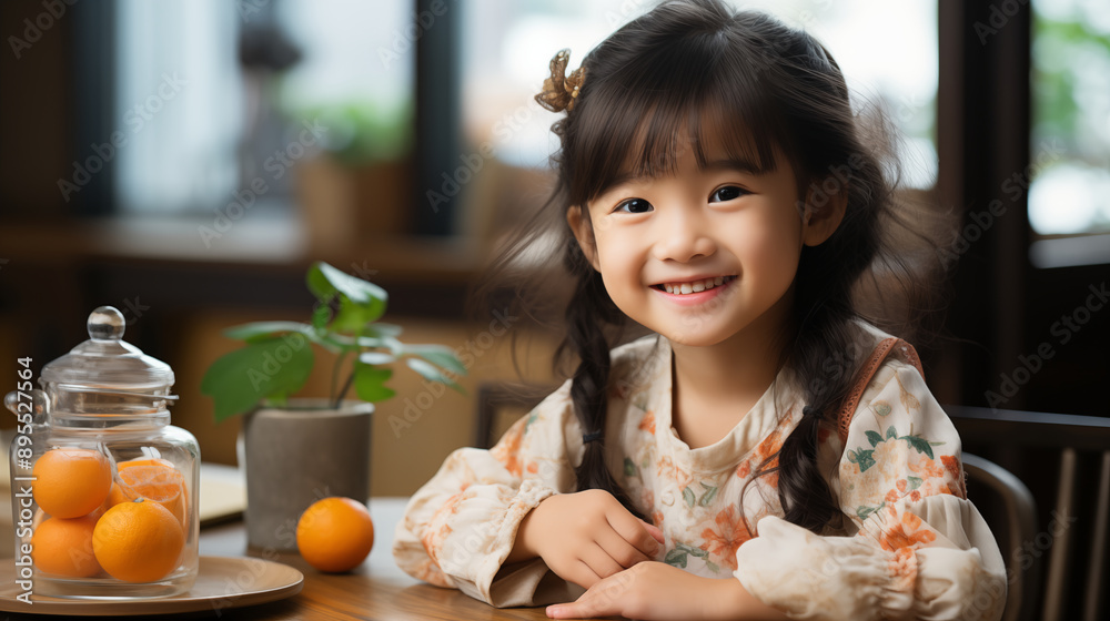 Happy Asian Girl at Breakfast Table. Young girl with a radiant smile, enjoying breakfast with a jar of oranges, creating a cozy and joyful atmosphere Happy Asian Girl at Breakfast Table. Young girl with a radiant smile, enjoying breakfast with a jar of oranges, creating a cozy and joyful atmosphere