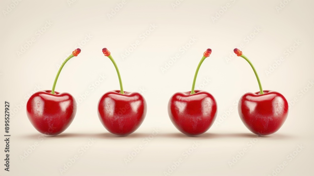 Vibrant 3D digital art of fresh, ripe cherries on a clean background, perfect for graphic design and promotional projects.